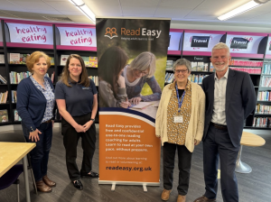 Ambassador, Ged Kennedy, visiting Read Easy Telford & Shropshire East alongside Vicky Lawson from Pave Aways