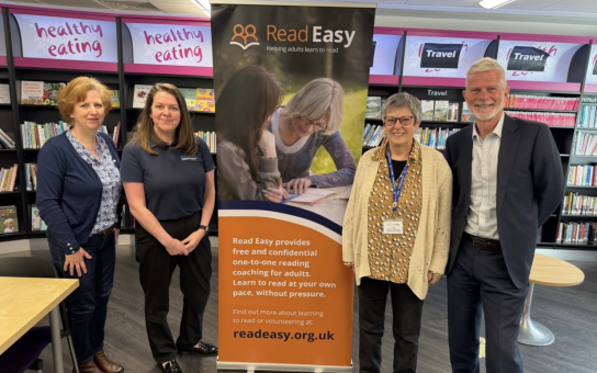 Ambassador, Ged Kennedy, visiting Read Easy Telford & Shropshire East alongside Vicky Lawson from Pave Aways